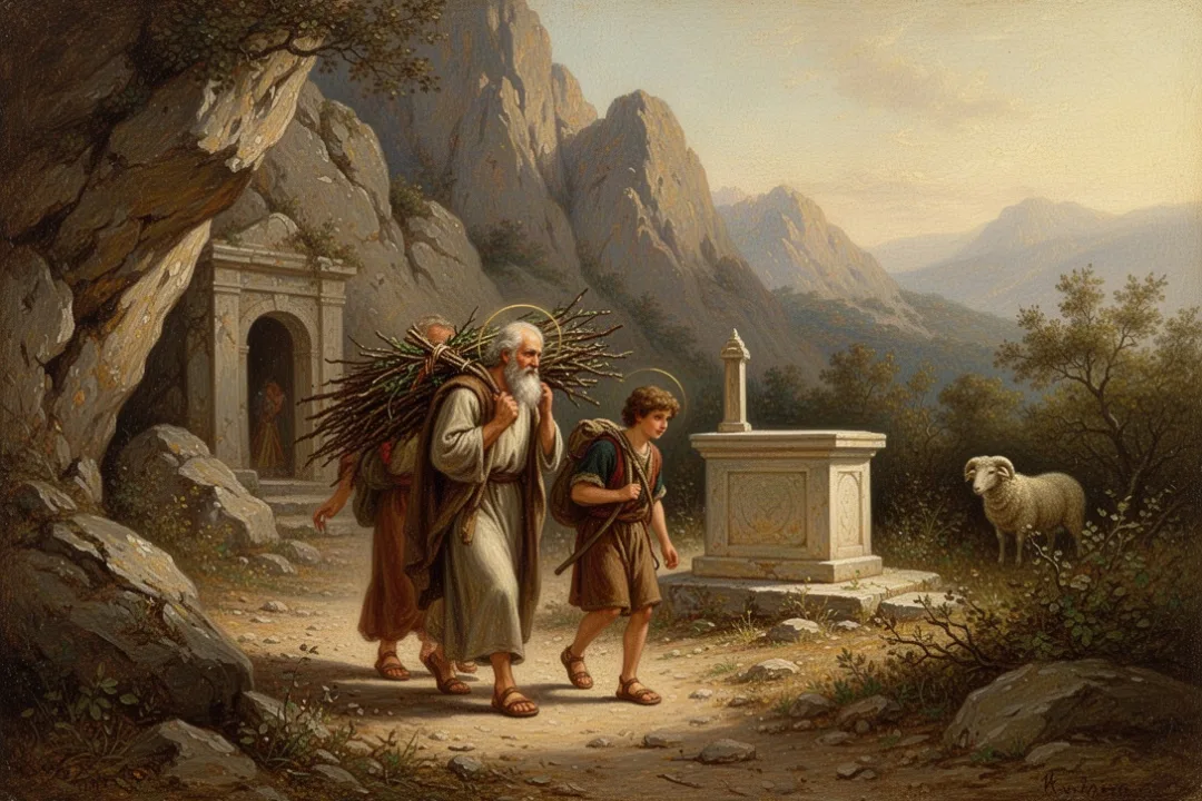 Abraham and Isaac traveling toward the mountain with a ram nearby