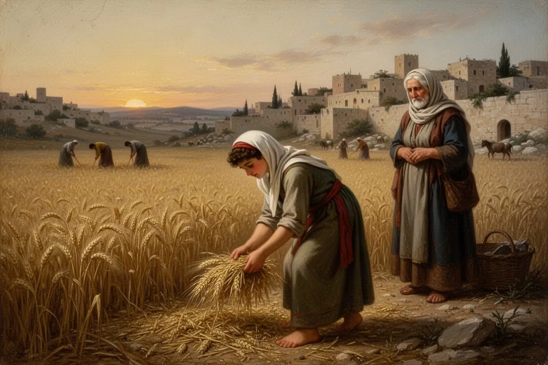 Ruth gathering grain in a Bethlehem barley field