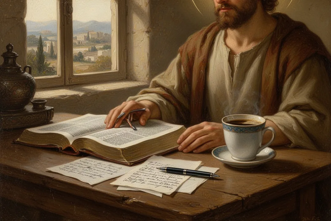 Open Bible and handwritten study notes beside coffee in morning light