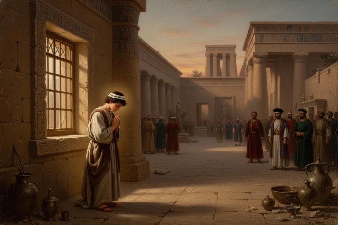 Daniel praying faithfully in a Babylonian palace courtyard