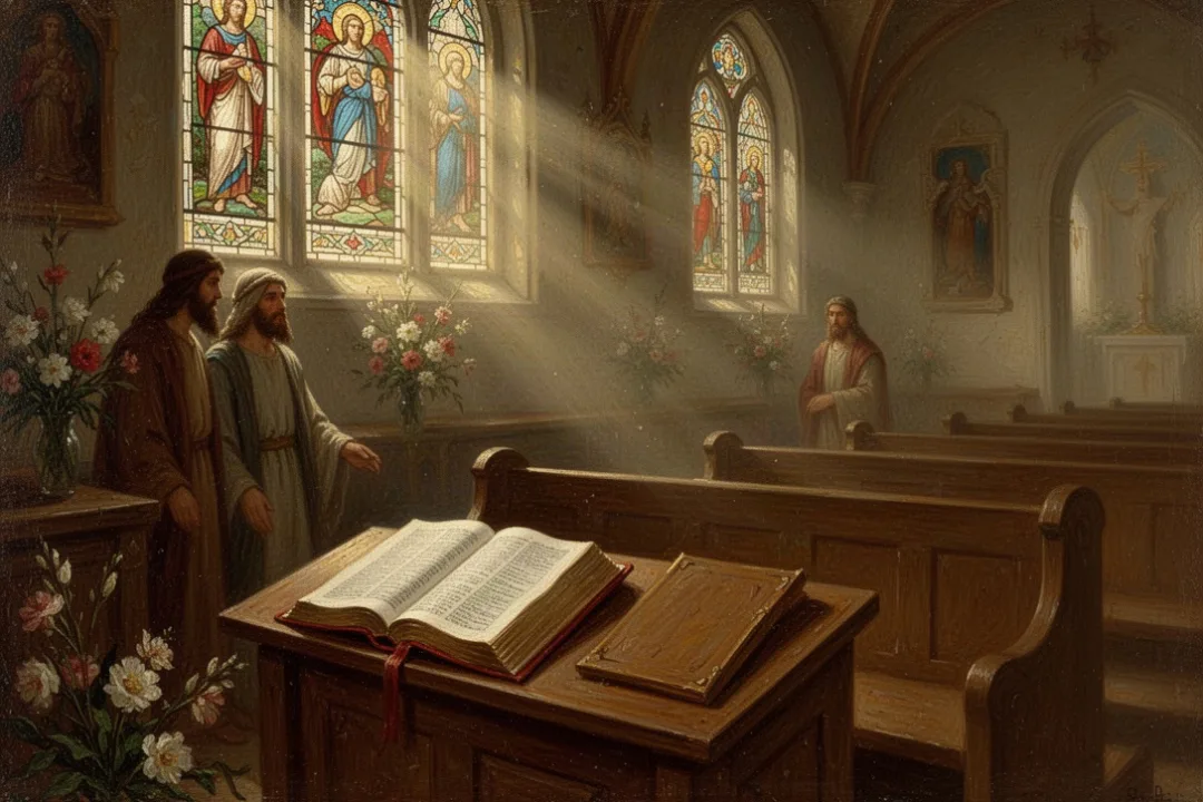 Open Bible resting on a church pew during quiet Sunday morning worship