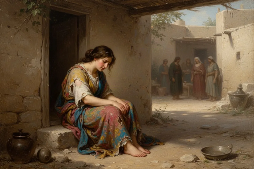 Grieving Tamar seated alone in an ancient household courtyard