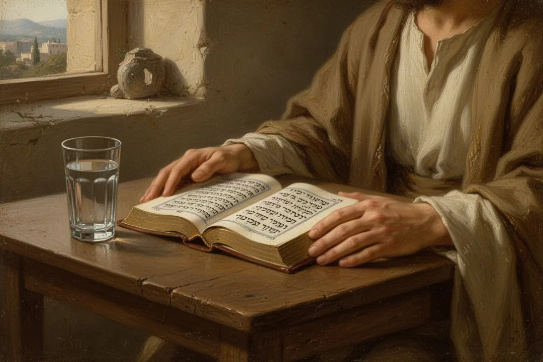 Open prayer book beside water in a quiet morning setting