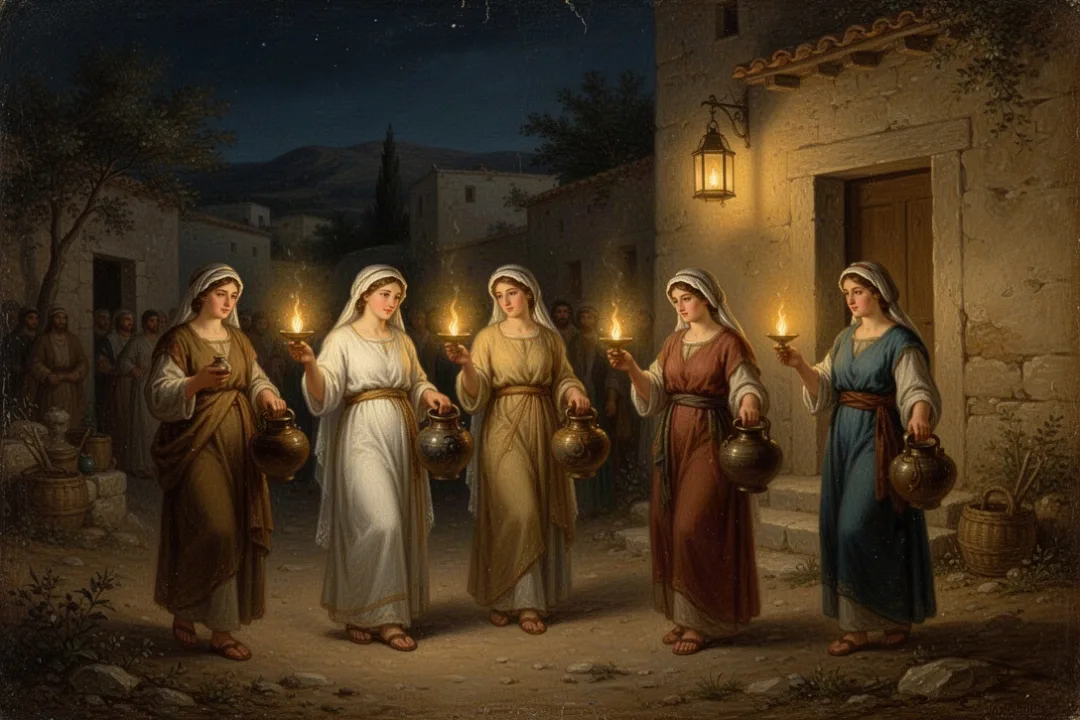 Five prepared women wait with oil lamps for a nighttime wedding procession