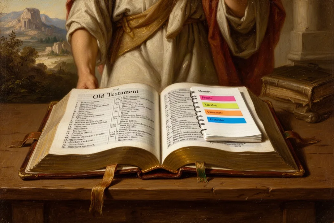 Open Bible with colored markers for Old Testament sections