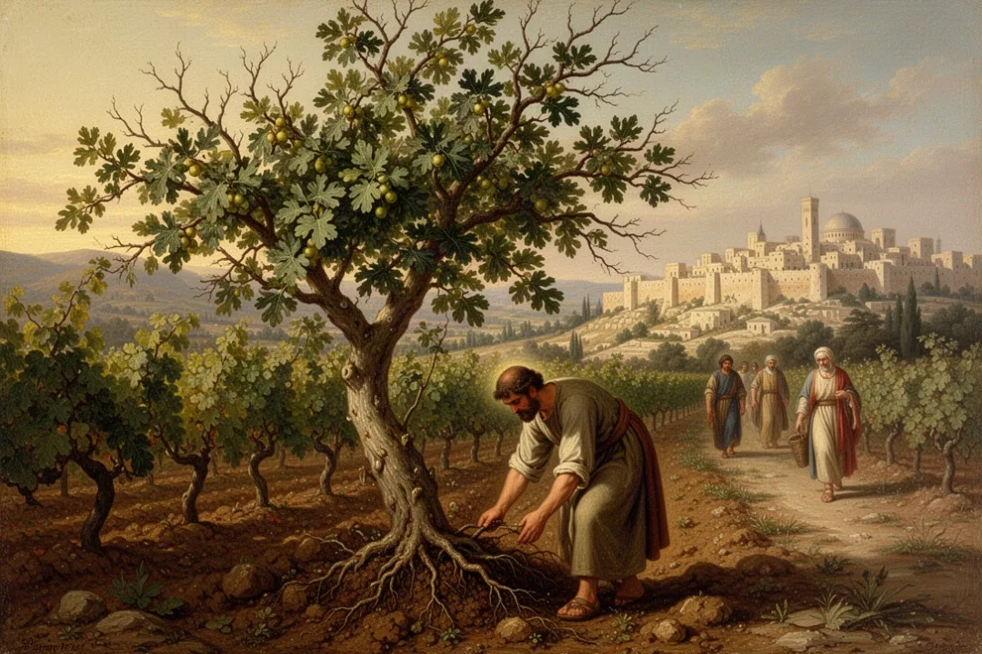 Gardener tending a barren fig tree in a first-century vineyard