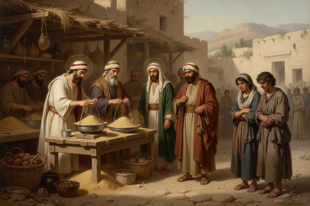 Ancient marketplace showing inequality between wealthy merchants and poor families