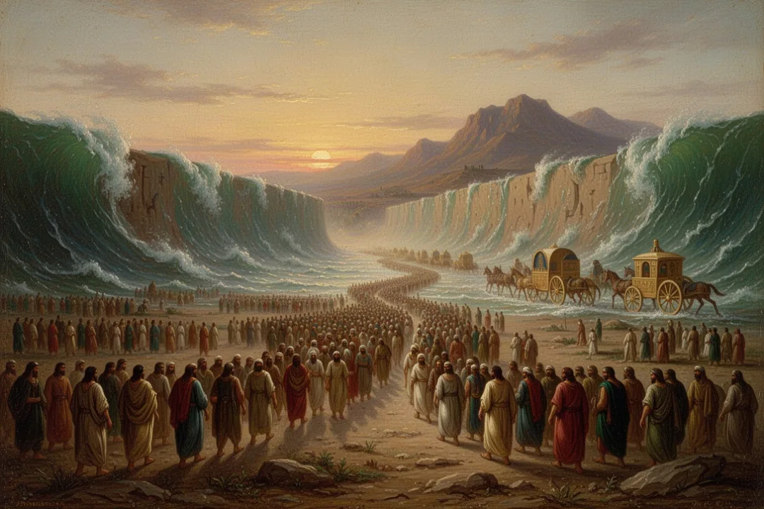 Israelites crossing exposed seabed between towering waters at dawn