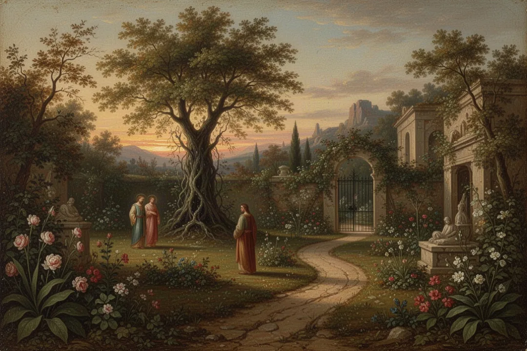 Ancient garden scene symbolizing humanity’s first disobedience and exile