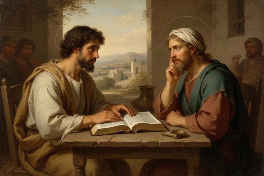 Two adults discussing Christian faith with an open Bible