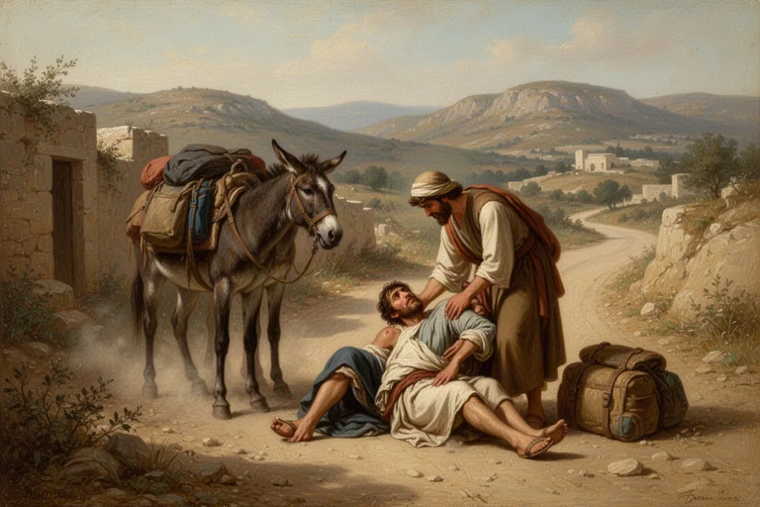 Traveler helping an injured stranger beside an ancient roadside