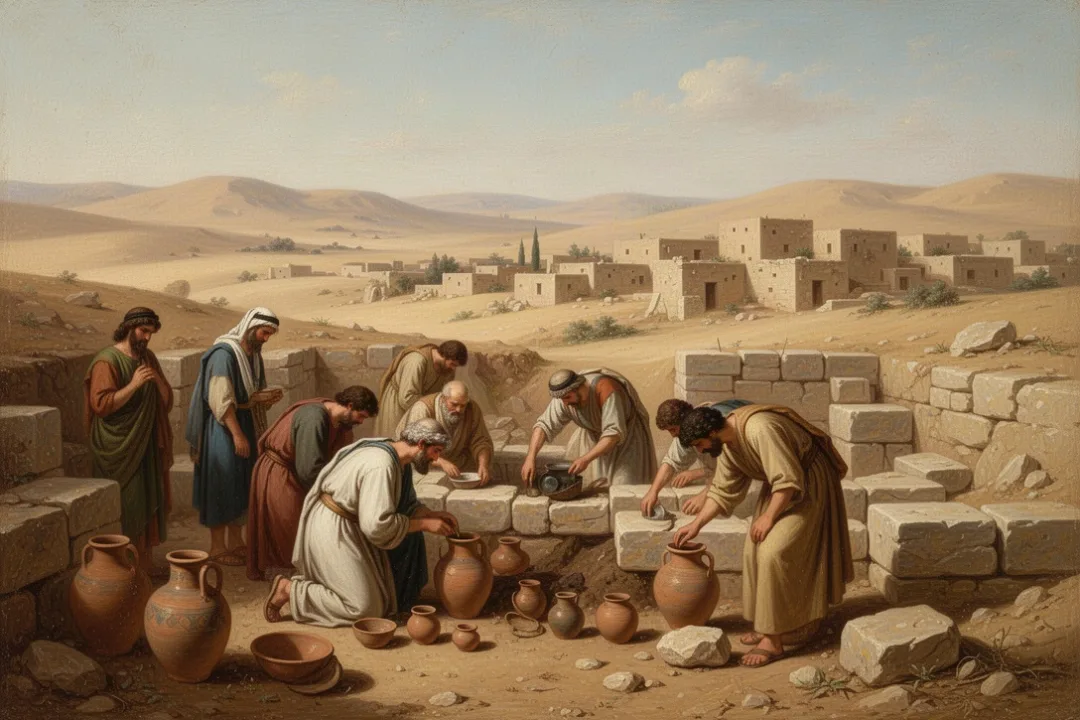 Archaeologists examining ancient settlement remains in the Near East