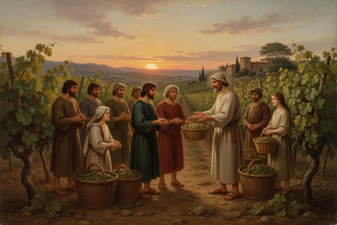 Workers receiving equal wages in a first-century vineyard
