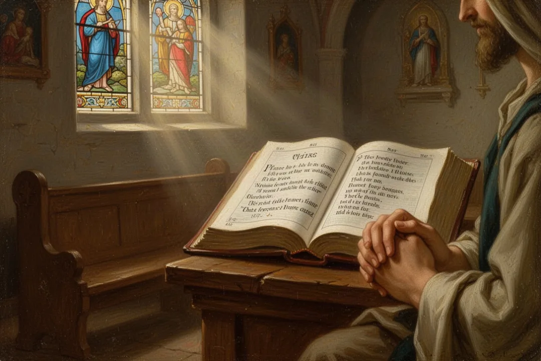 Open Bible and folded hands in a softly lit church