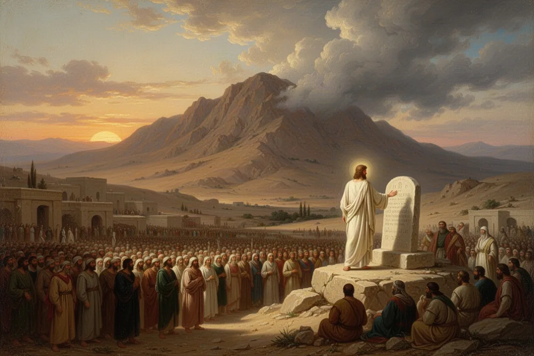 Moses approaching stone tablets before the gathered Israelites