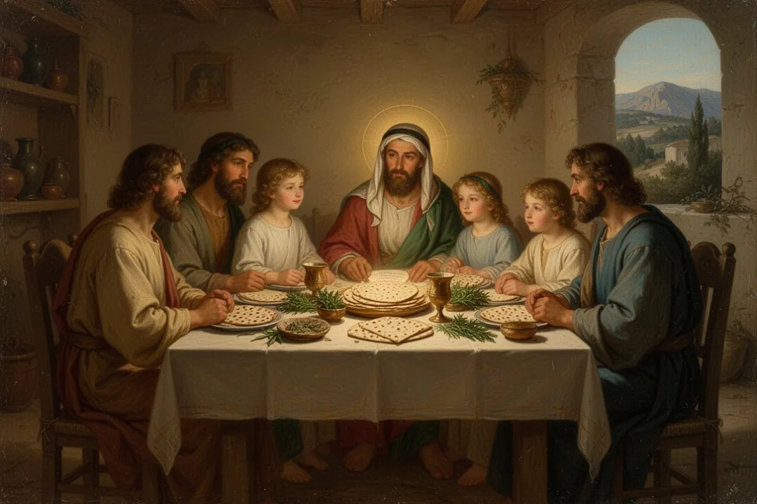 Family sharing a Passover remembrance meal with unleavened bread