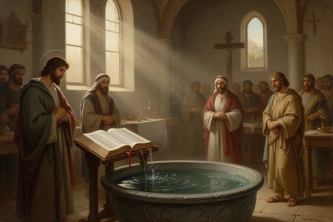 Open Bible and baptismal water inside a quiet church sanctuary