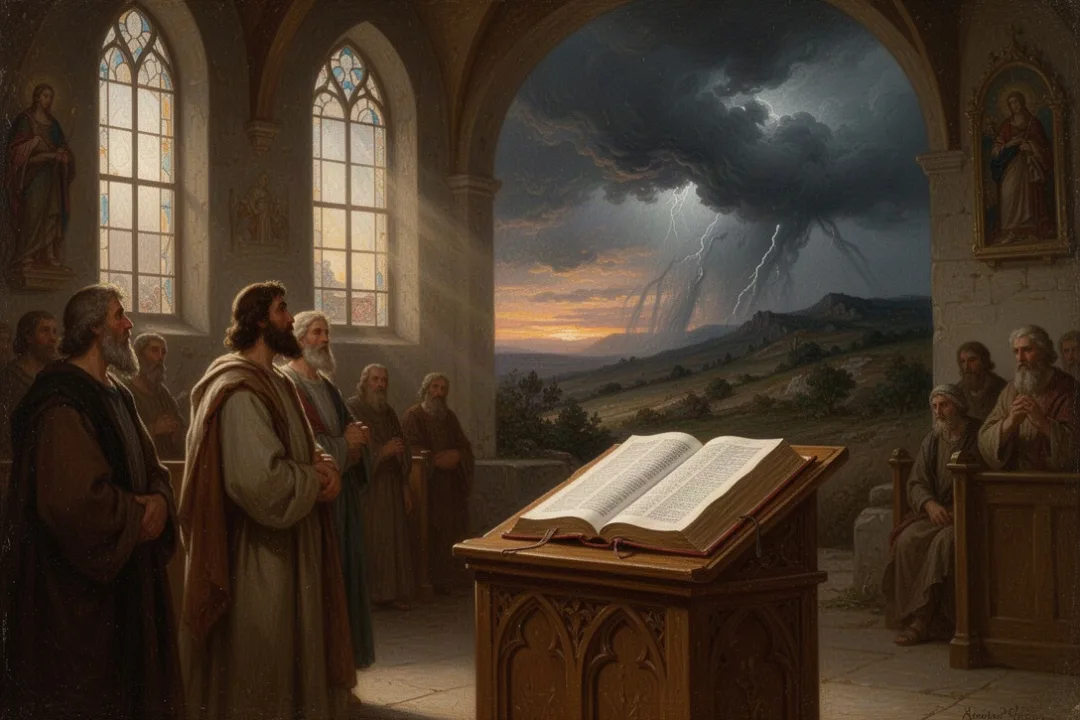 Open Bible in church sanctuary symbolizing watchfulness and hope