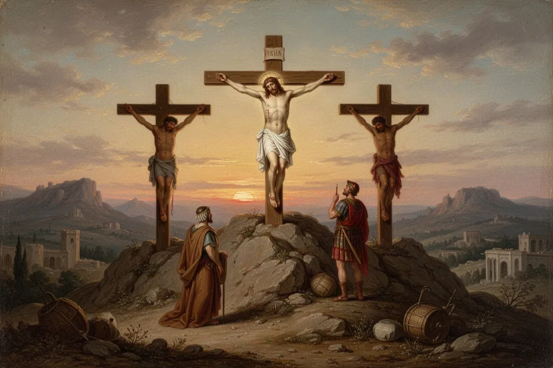Three crosses on a rocky hill representing Jesus and the two criminals