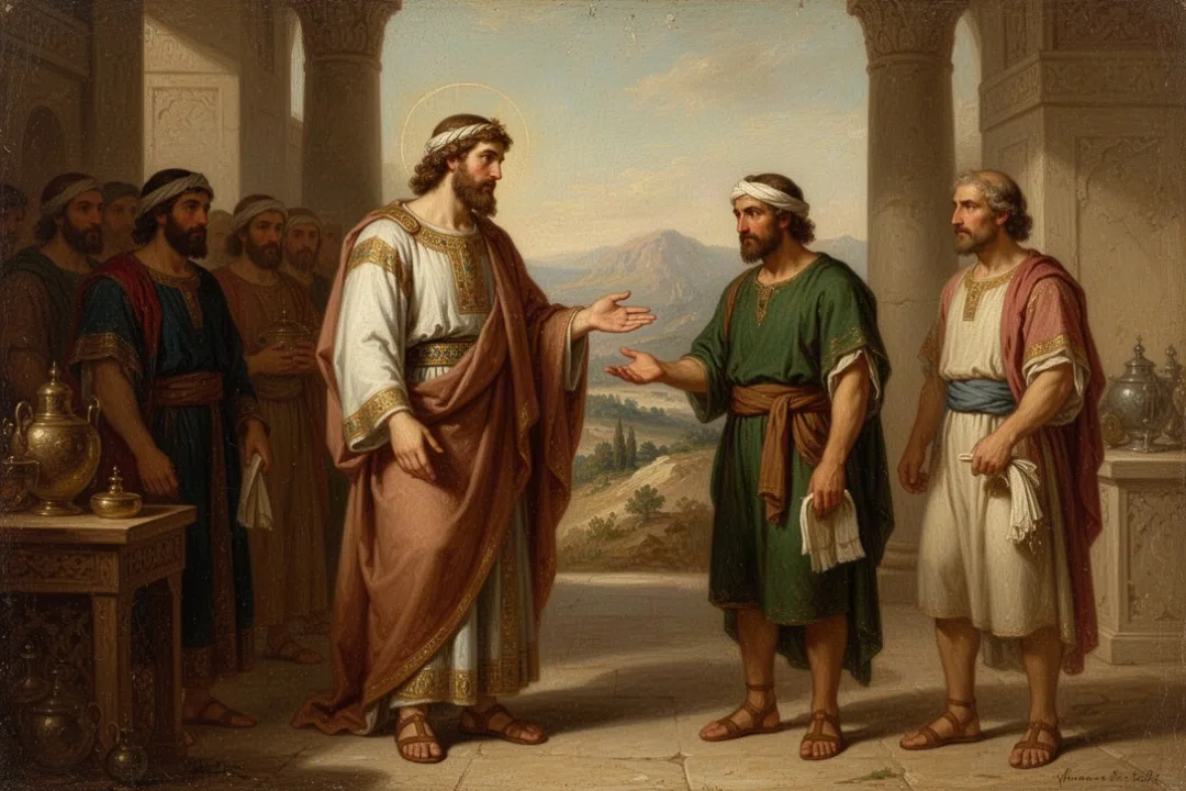 Ancient king showing mercy to a servant in a court