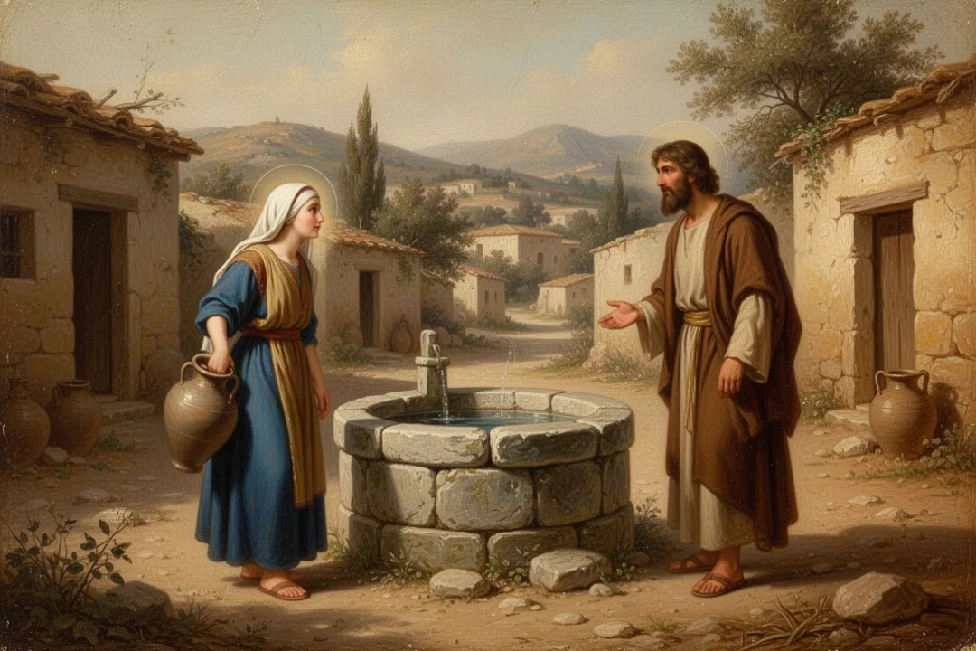 Samaritan woman speaking with Jesus beside an ancient well
