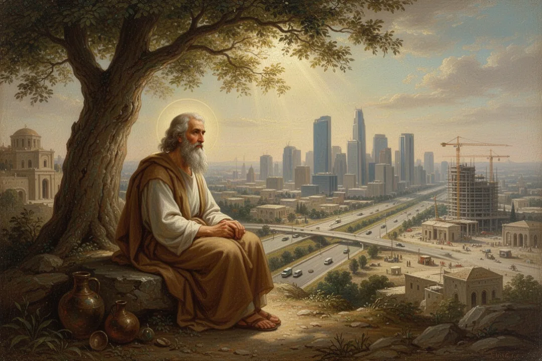 Ancient sage viewing a modern city and recurring human activity