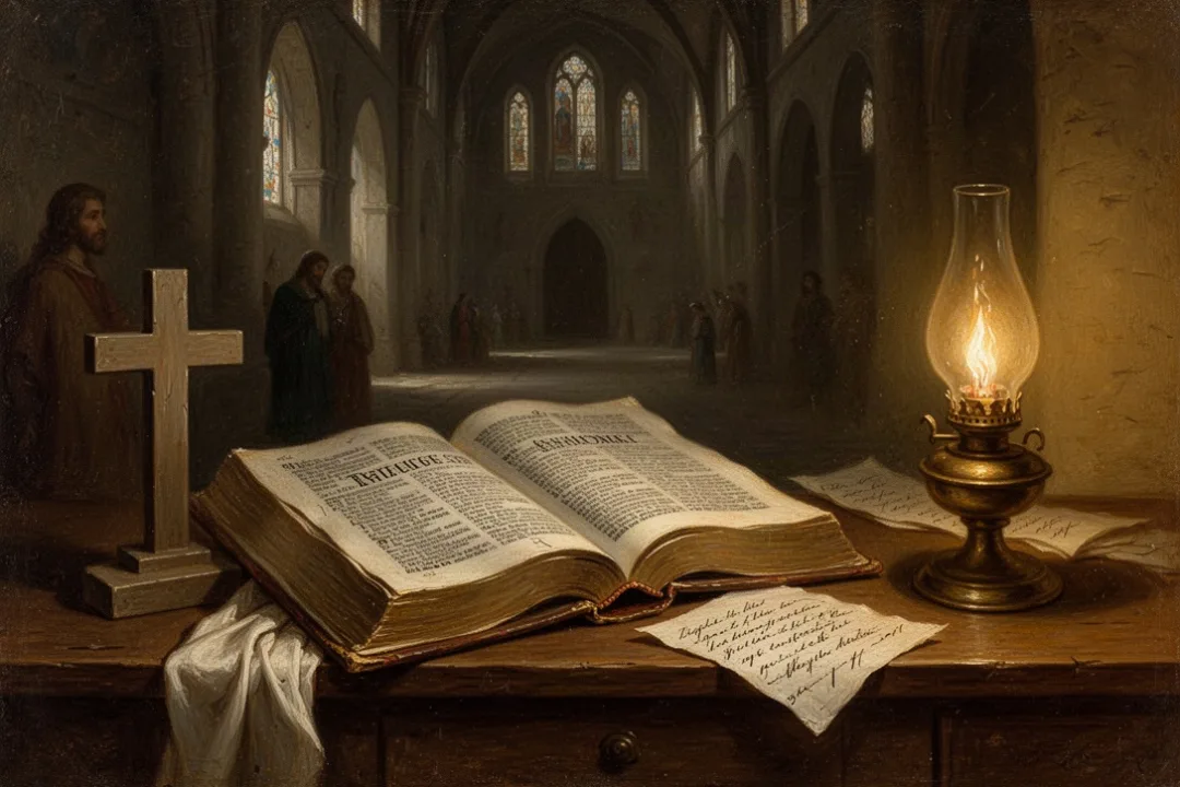 Open antique theology book beside cross and handwritten study notes