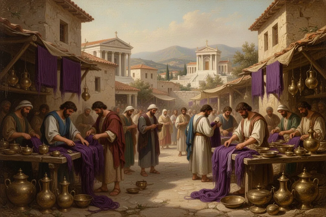 Ancient Thyatira marketplace with textile workers and bronze artisans