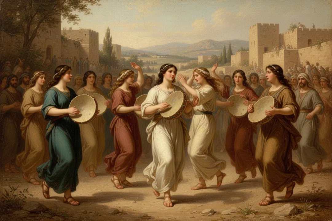 Women playing ancient frame drums during a communal celebration