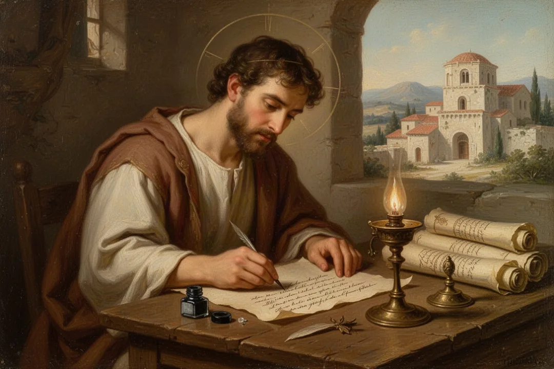 First-century scribe writing a Christian letter beside an oil lamp