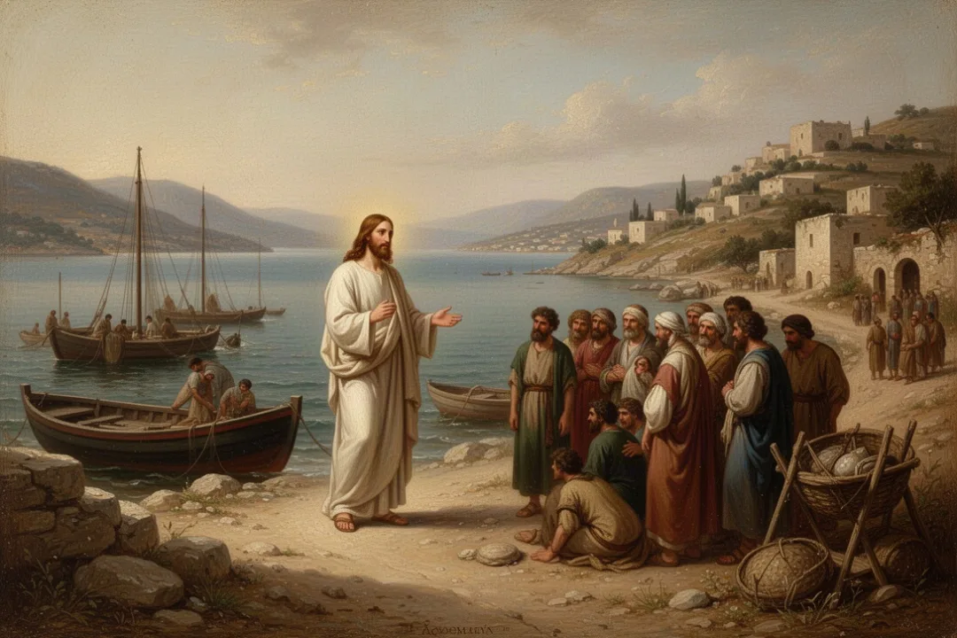 Jesus teaching crowds beside the Sea of Galilee during his ministry