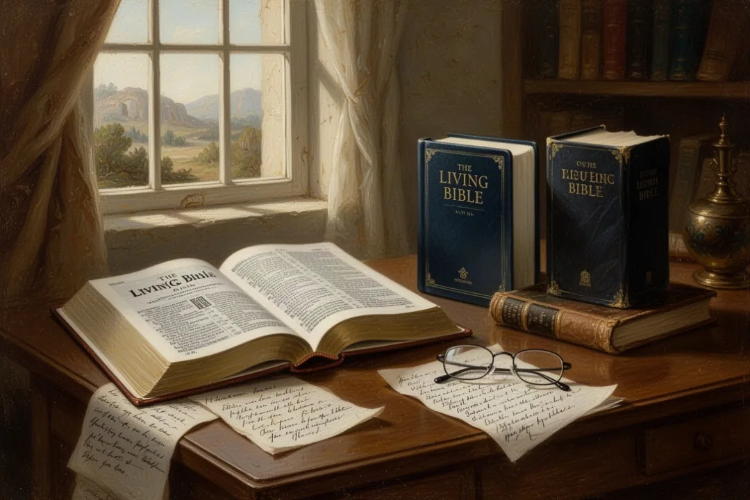 The Living Bible beside other Bible editions on a study desk