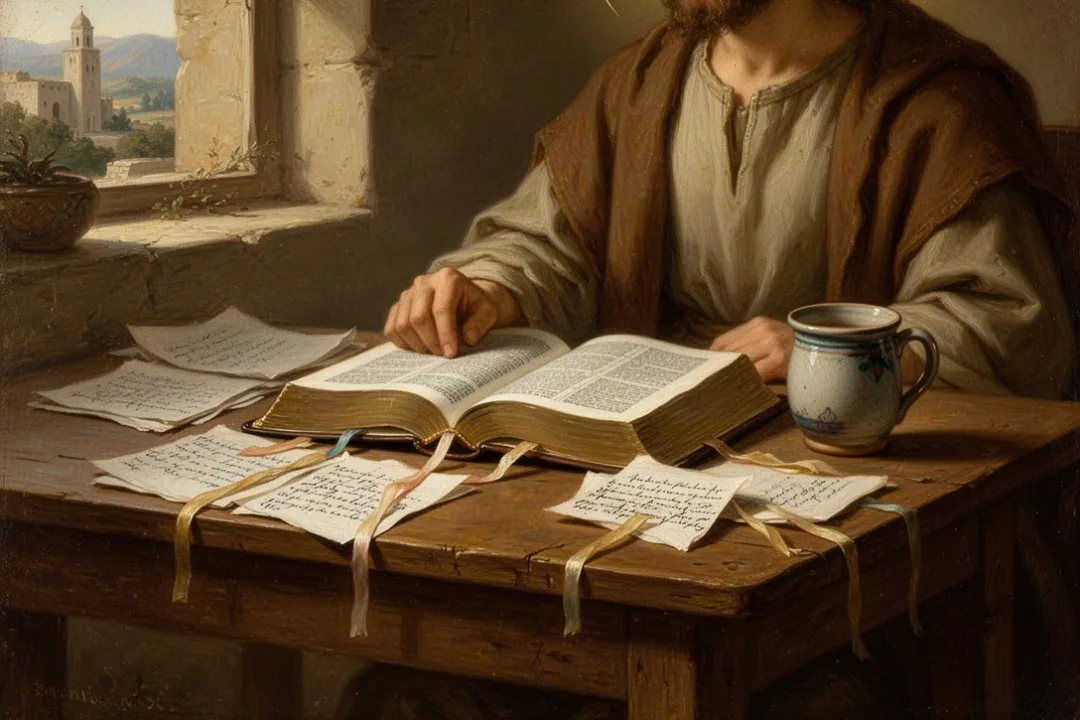 Open Bible and study notes arranged for topical Scripture reading