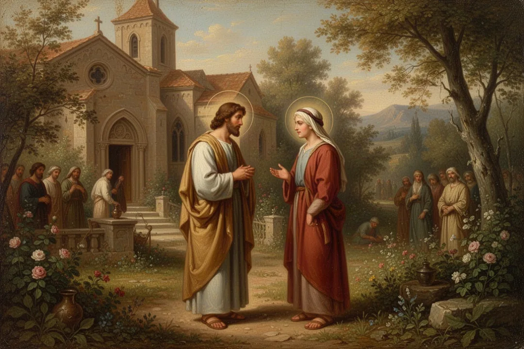 Two people having a thoughtful private conversation outside a church