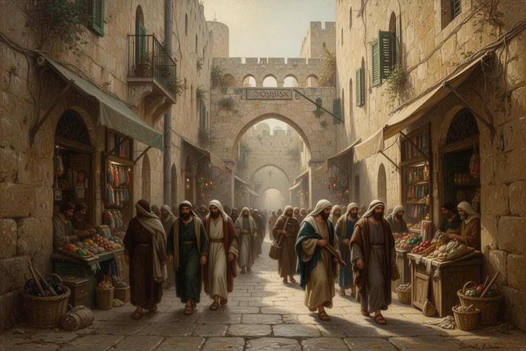 Pilgrims walking through Jerusalem’s narrow Via Dolorosa streets