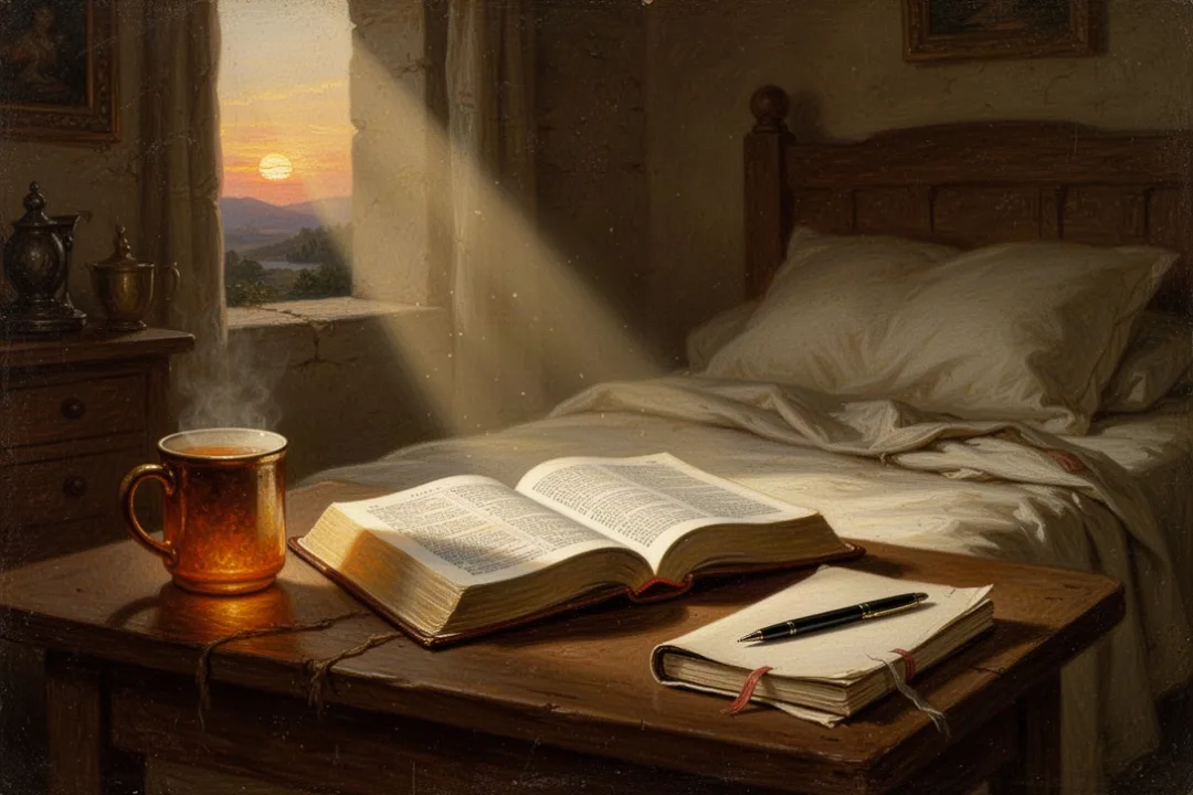 Open Bible and journal beside a mug in peaceful morning sunlight