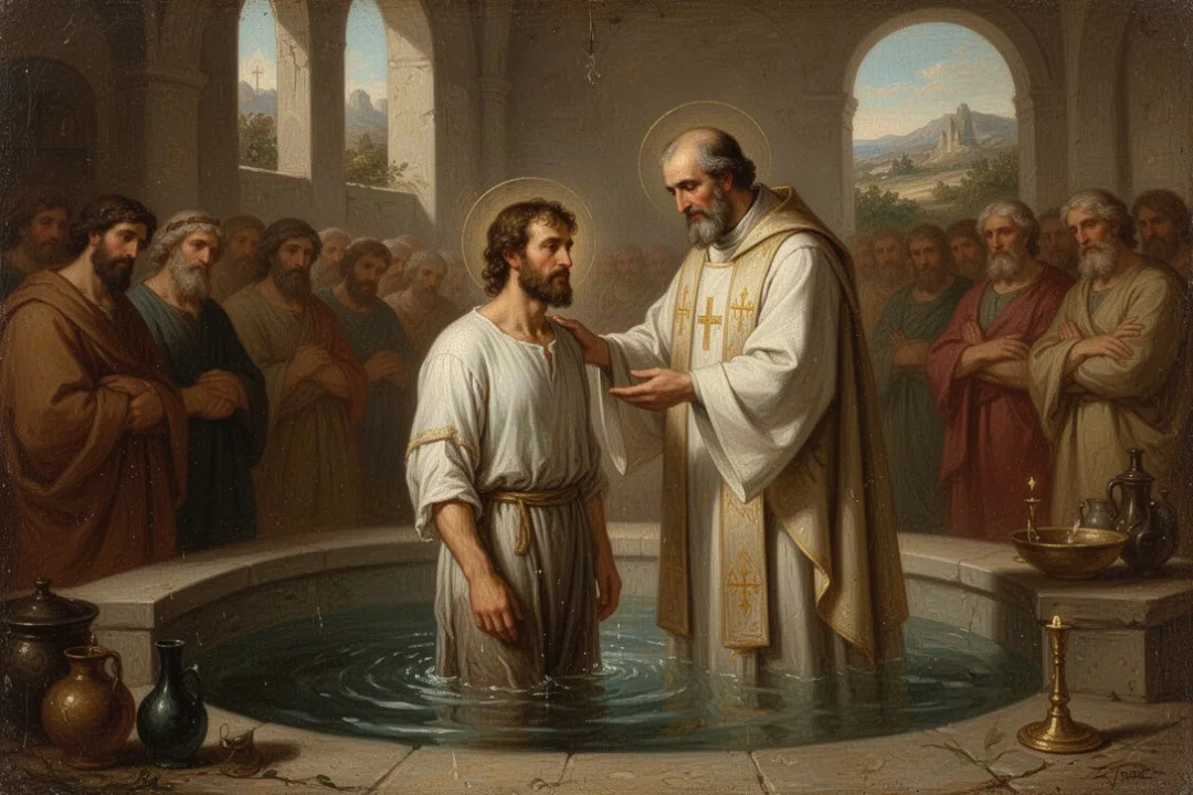 Pastor assisting an adult during a church water baptism service