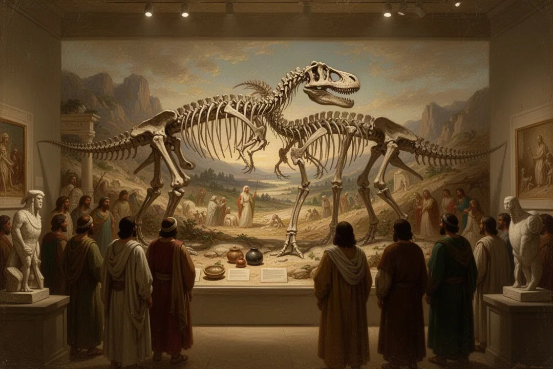 Dinosaur skeleton displayed beside imagery of ancient biblical landscapes