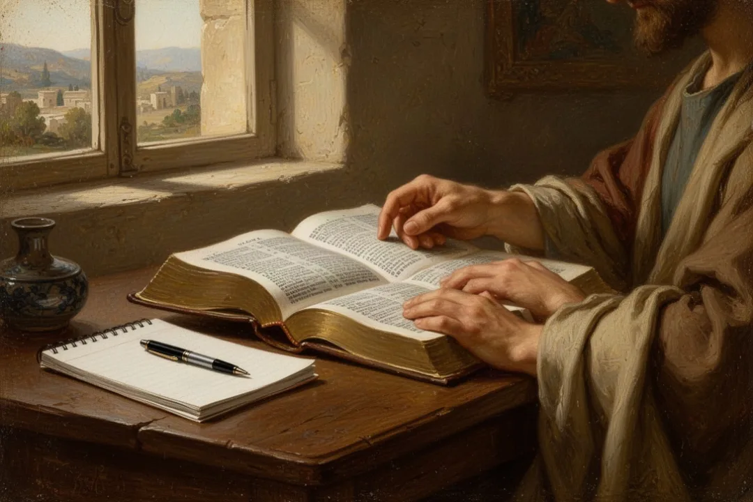 Open Bible and notebook during quiet personal Scripture study