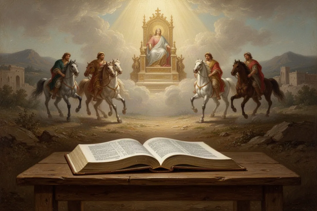 Open Bible and symbolic four horsemen imagery in warm natural light