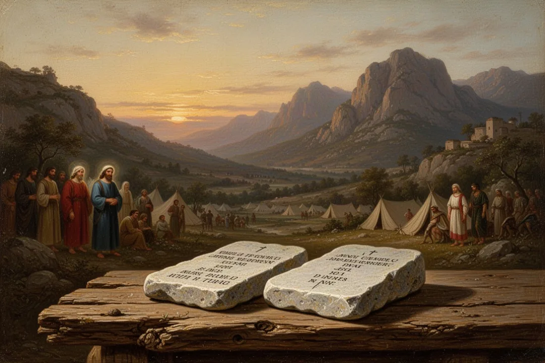 Stone tablets overlooking an ancient camp beneath a mountain
