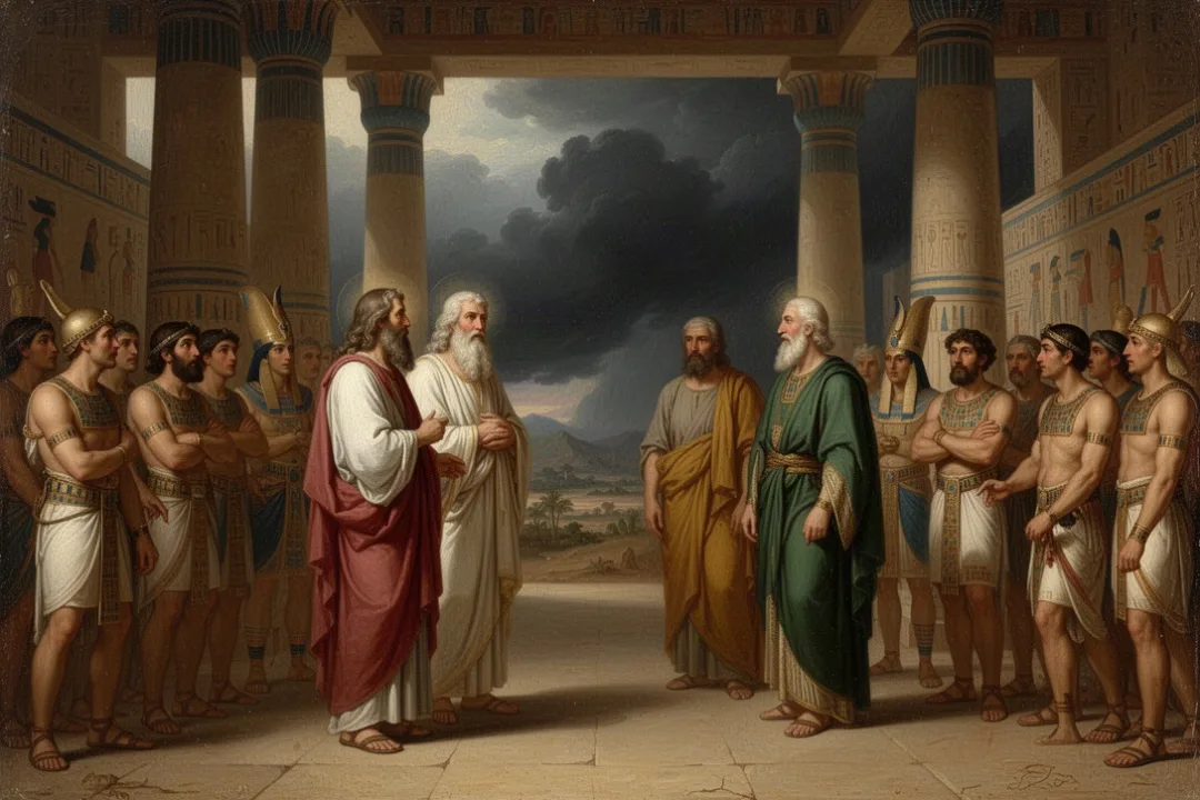 Moses and Aaron confronting Pharaoh before the plagues begin