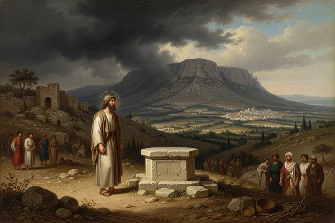 Elijah praying near the altar as rain clouds gather over Mount Carmel