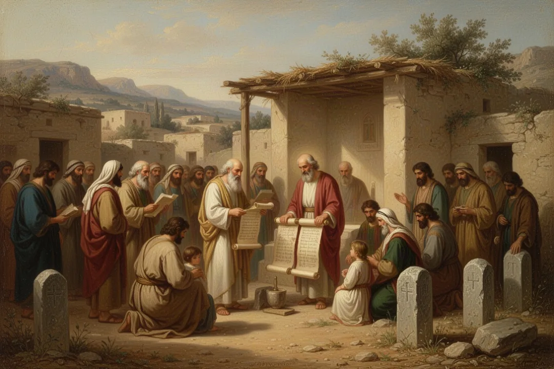 Families learning covenant laws in an ancient Israelite village