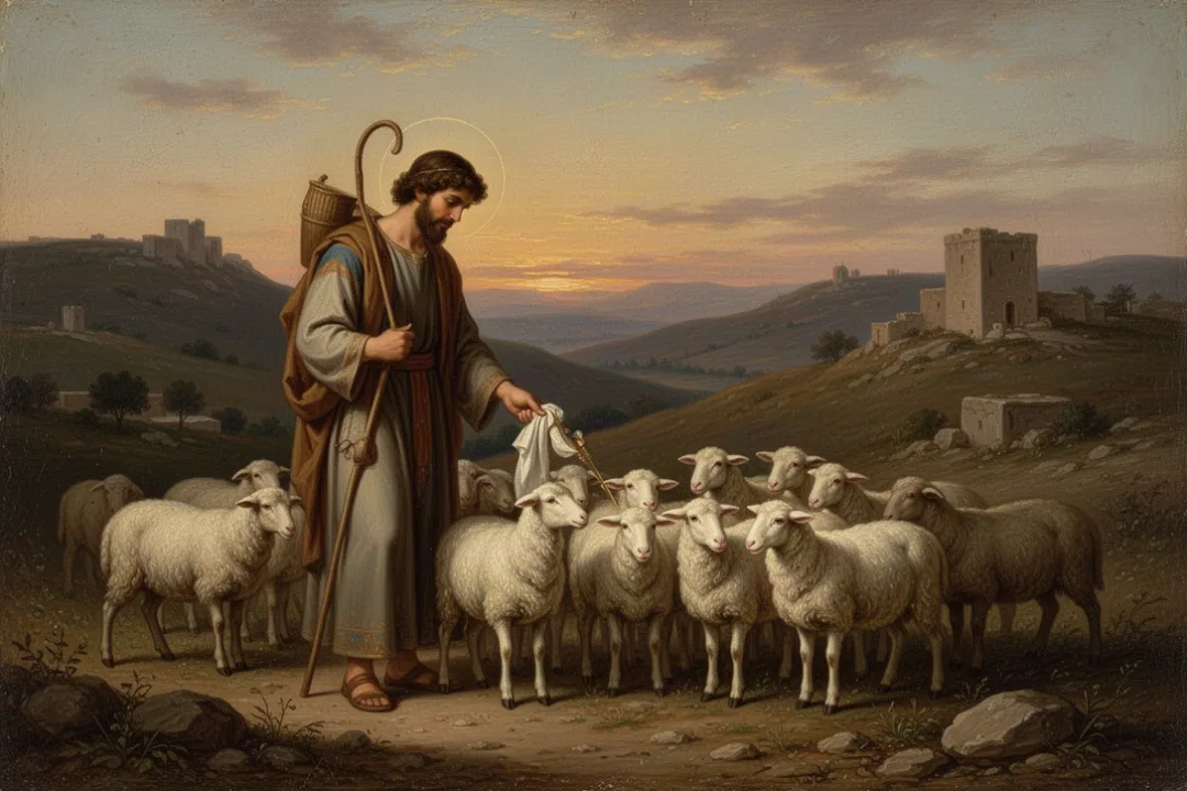 Shepherd selecting firstborn animals from his flock for an offering
