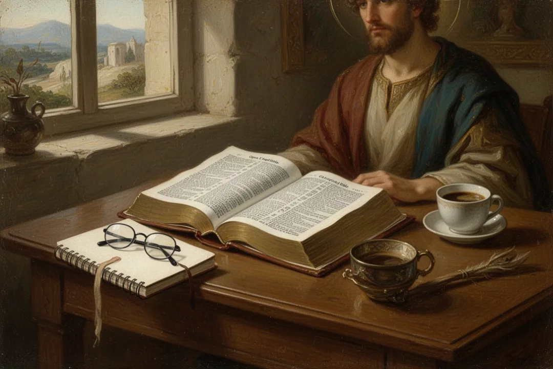 Open Bible and study materials arranged on a wooden desk