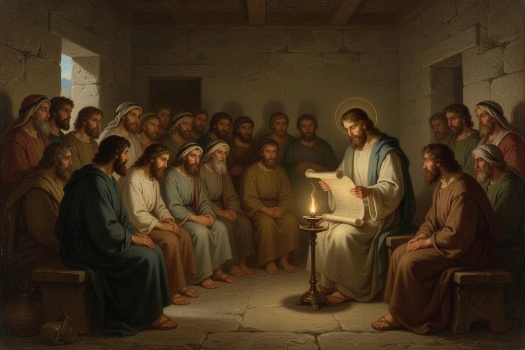 Early Christian community hearing Revelation read by lamplight