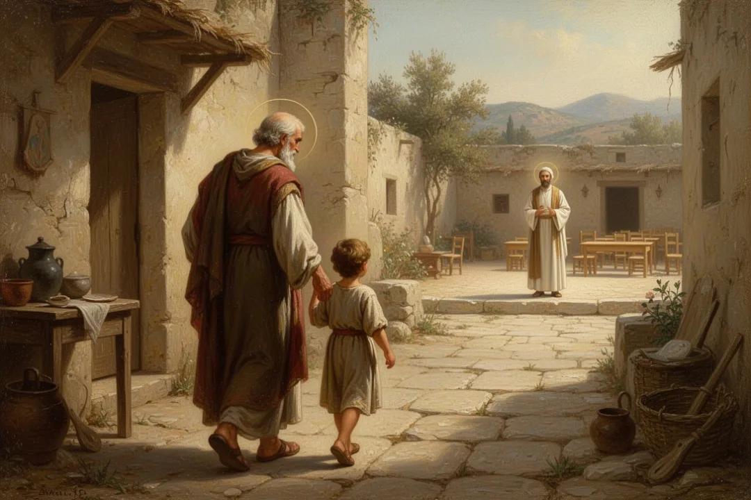 Guardian leading a child toward a first-century school courtyard