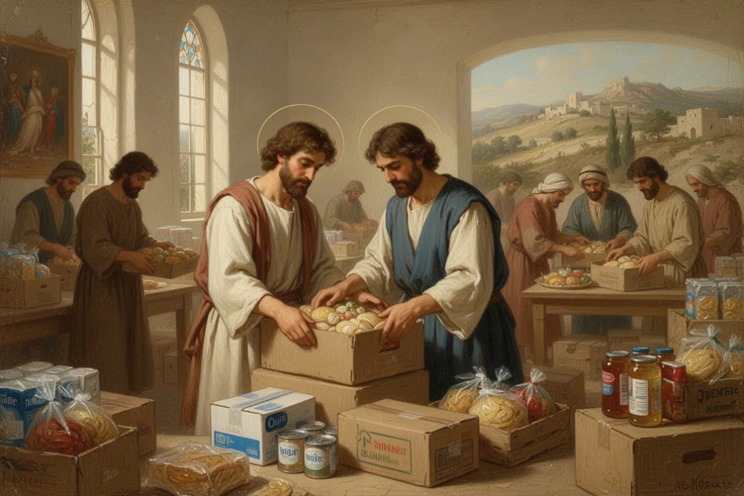 Church volunteers organizing food supplies for families in need