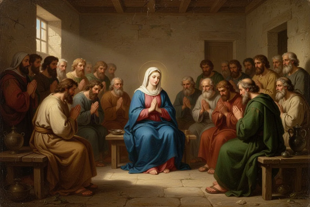 Mary praying with the early disciples in Jerusalem